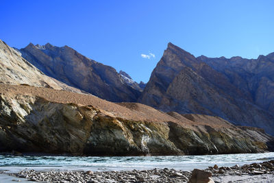 River by mountains against clear sky