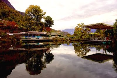 Scenic view of lake by building against sky