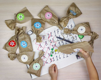 High angle view of christmas decoration on table