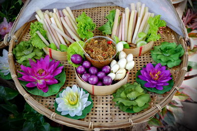 High angle view of potted plants in basket at market