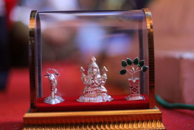 Close-up of chess pieces on table