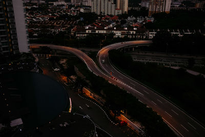 High angle view of illuminated city at night