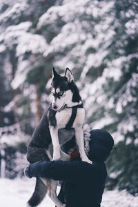 Man with dog on snow during winter