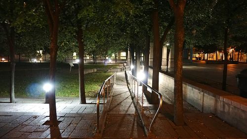 Empty bench in park at night