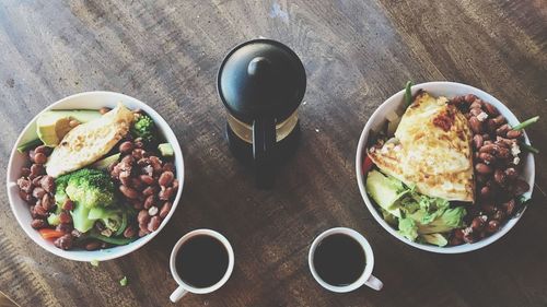 High angle view of breakfast served on table