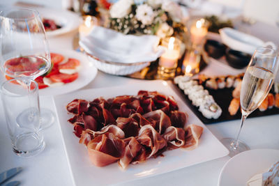 High angle view of food on table in restaurant