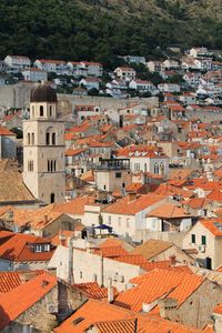 High angle view of houses in town