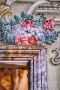 Close-up of pink flowers on old wooden wall