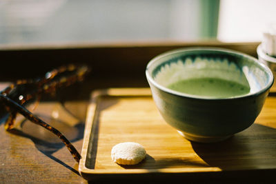Close-up of matcha tea on table