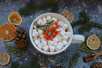 High angle view of cocoa on table