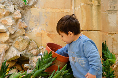 Cute baby boy playing with flower pot against wall 