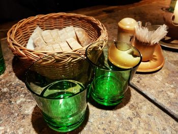 High angle view of drink in glass on table