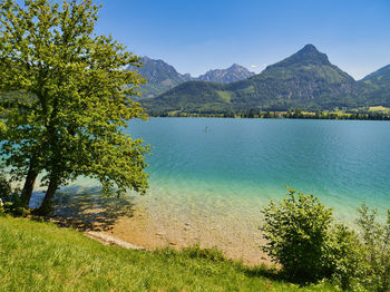 Scenic view of lake and mountains against sky