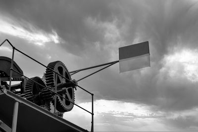 Low angle view of crane against sky