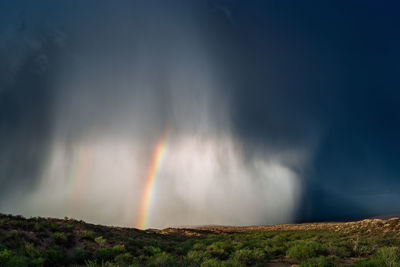 Low angle view of rainbow on mountain against sky