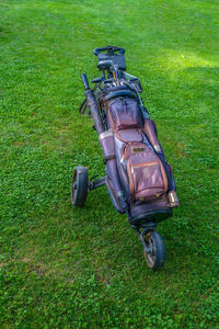 High angle view of vintage car on field