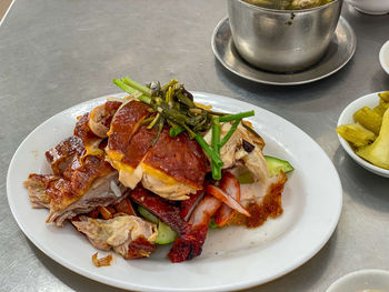 High angle view of food in plate on table