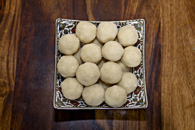 High angle view of food in bowl on table