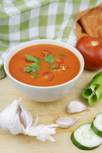 High angle view of soup in bowl on table