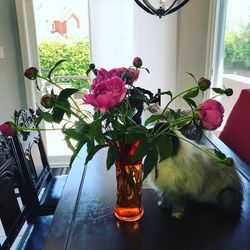 Close-up of flower vase on table at home