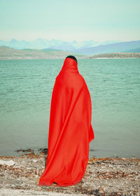 Rear view of woman on beach against sky