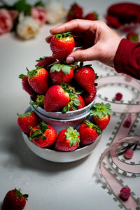 Close-up of strawberries in plate on table