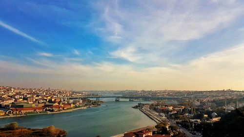 High angle view of river and buildings against sky