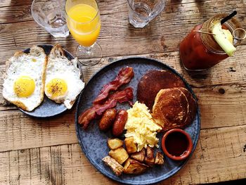High angle view of breakfast served on table