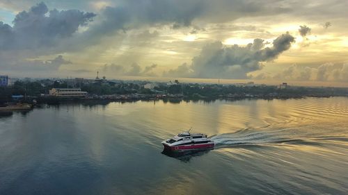 High angle view of ship sailing on sea