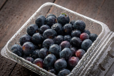 High angle view of blackberries in container