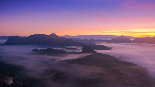 Scenic view of mountains against sky during sunset