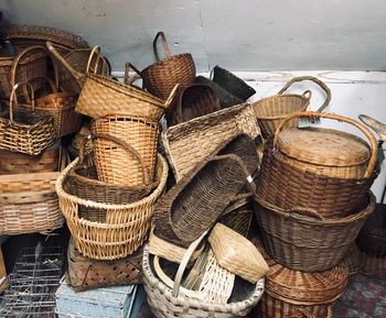 High angle view of wicker baskets in market for sale