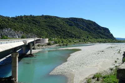 Scenic view of river against clear blue sky