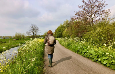 Rear view of woman walking on footpath amidst plants against sky