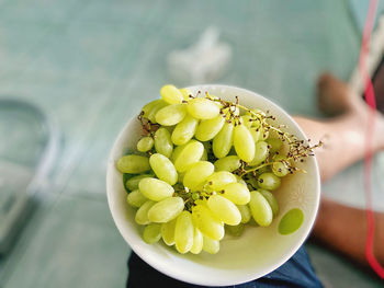 High angle view of cherry holding flower in bowl