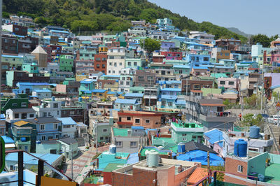 High angle view of buildings in town