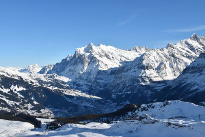 Scenic view of snowcapped mountains against clear sky