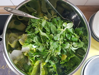 High angle view of chopped vegetables and leaves in bowl
