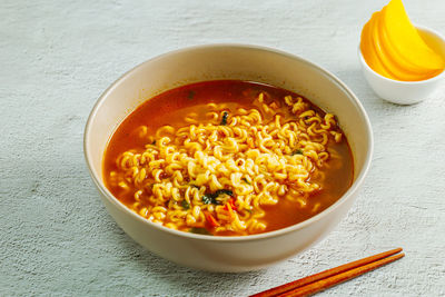 High angle view of soup in bowl