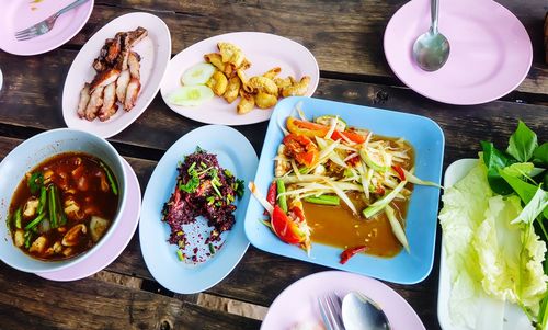 High angle view of food served on table