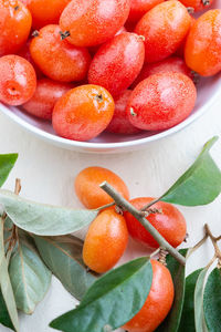 High angle view of fruits in bowl on table