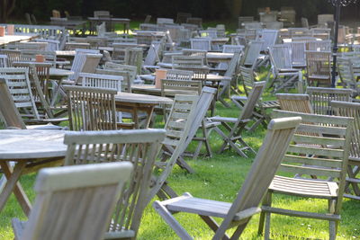 Empty chairs and table in cafe