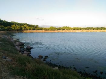 Scenic view of lake against clear sky