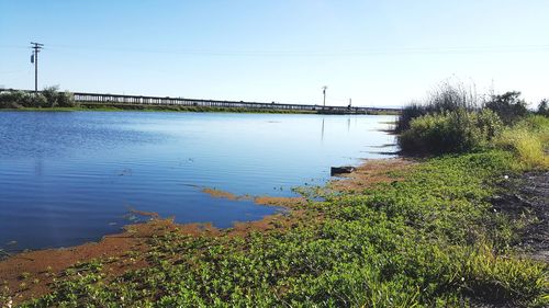 Scenic view of river against clear blue sky