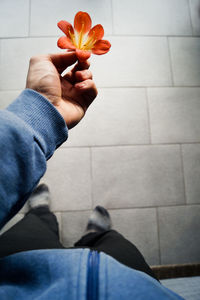 Cropped image of man holding flower against footpath