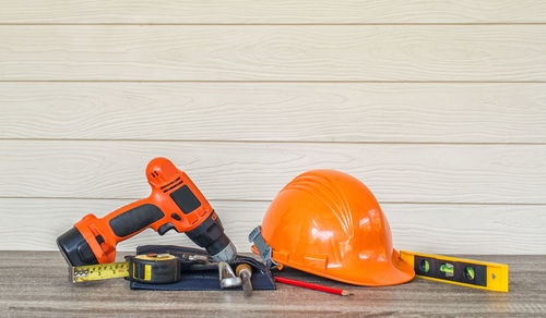 Close-up of work tools on table