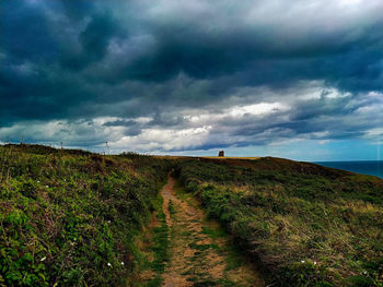 Scenic view of field against cloudy sky