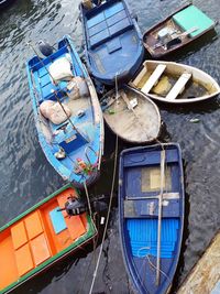 High angle view of boat moored on river