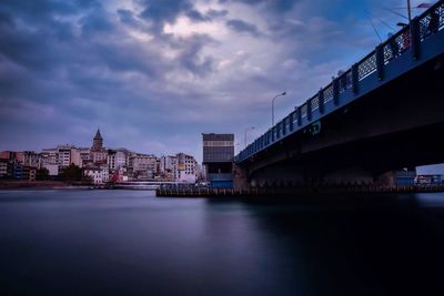 Bridge over river in city against sky