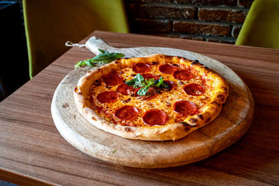 High angle view of pizza on table